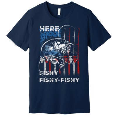 American Flag Fishing Here Fishy Fisherman Dad Papa On Back Premium T-Shirt