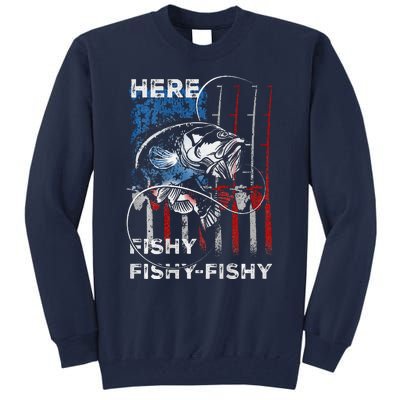 American Flag Fishing Here Fishy Fisherman Dad Papa On Back Tall Sweatshirt