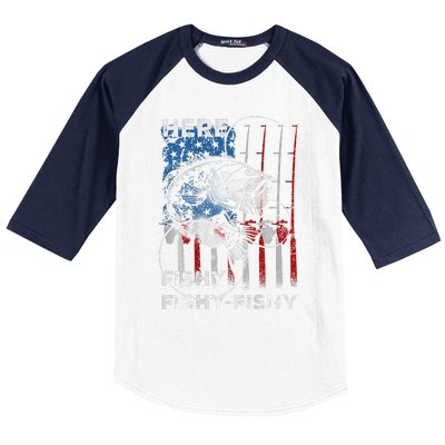 American Flag Fishing Here Fishy Fisherman Dad Papa On Back Baseball Sleeve Shirt