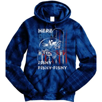 American Flag Fishing Here Fishy Fisherman Dad Papa On Back Tie Dye Hoodie