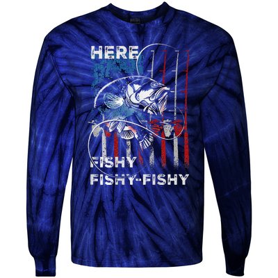 American Flag Fishing Here Fishy Fisherman Dad Papa On Back Tie-Dye Long Sleeve Shirt