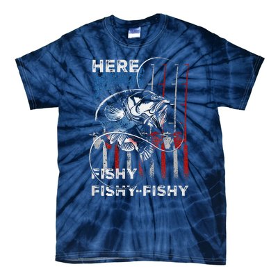 American Flag Fishing Here Fishy Fisherman Dad Papa On Back Tie-Dye T-Shirt