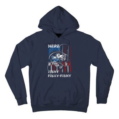 American Flag Fishing Here Fishy Fisherman Dad Papa On Back Tall Hoodie