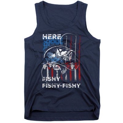 American Flag Fishing Here Fishy Fisherman Dad Papa On Back Tank Top