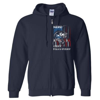 American Flag Fishing Here Fishy Fisherman Dad Papa On Back Full Zip Hoodie