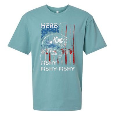 American Flag Fishing Here Fishy Fisherman Dad Papa On Back Sueded Cloud Jersey T-Shirt