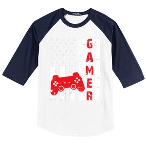 American Flag Funny Gamer Gift Video Games Boy Gaming Baseball Sleeve Shirt