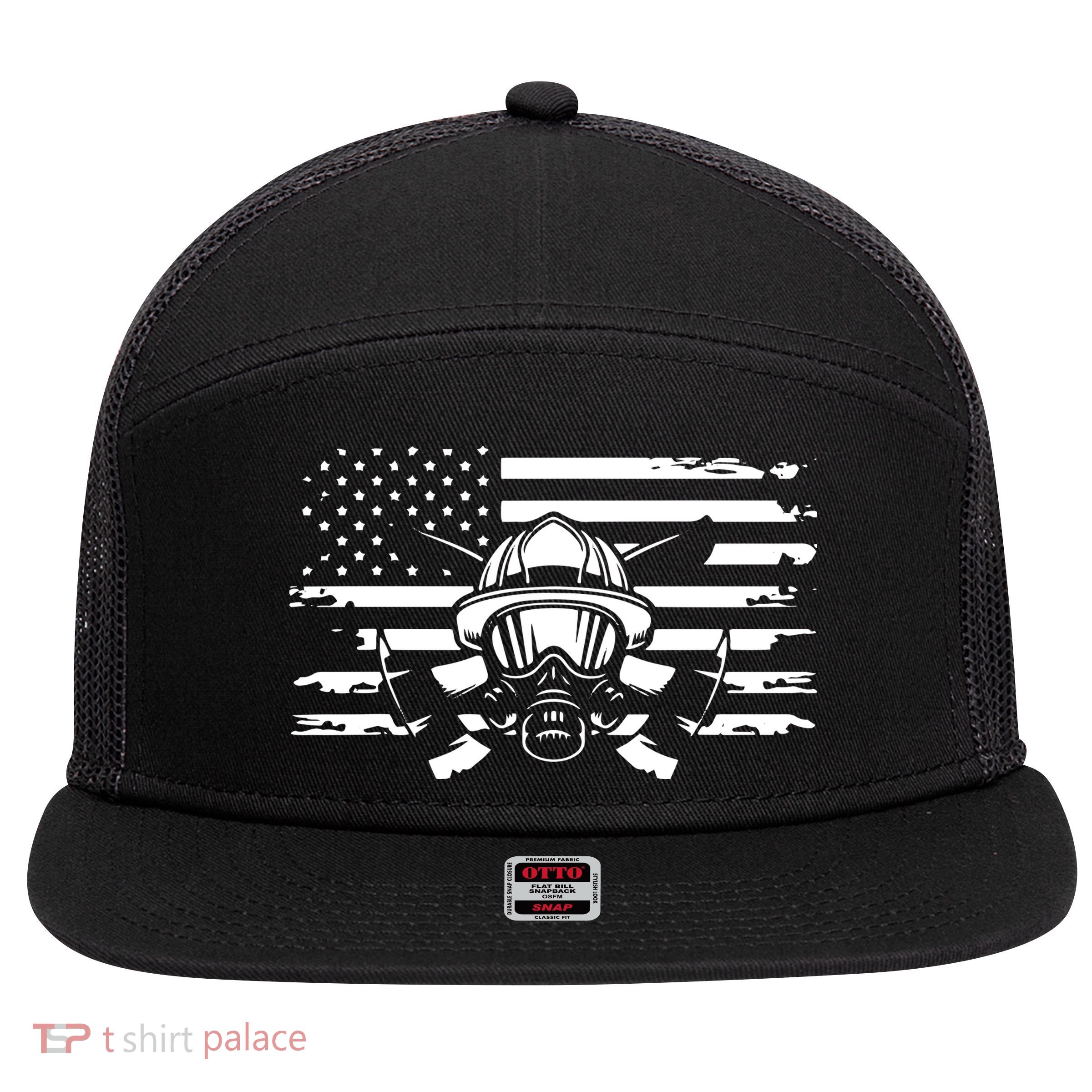 American Flag Fireman Firefighter Apparel Fireman 7 Panel Mesh Trucker Snapback Hat