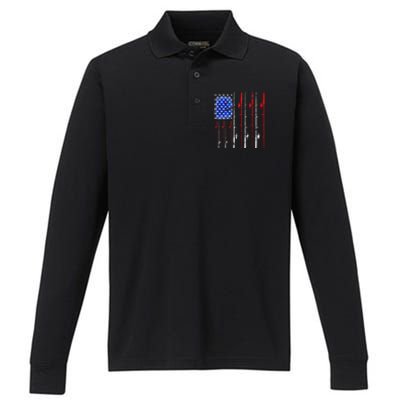 American Flag Fishing Rod Fishing Lover Performance Long Sleeve Polo