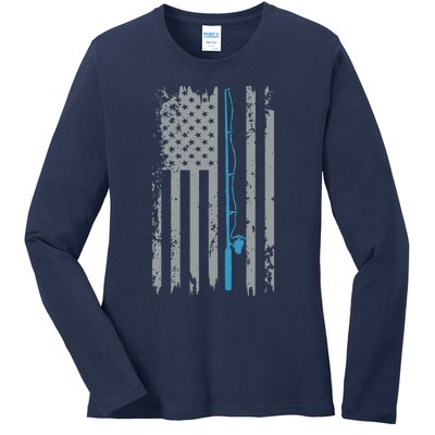 American Flag Fishing Vintage Fisherman Ladies Long Sleeve Shirt