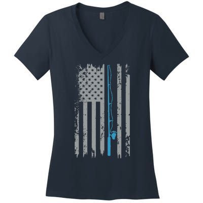 American Flag Fishing Vintage Fisherman Women's V-Neck T-Shirt