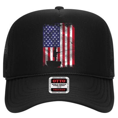 America Flag Fisherman Vintage Fishing Patriotic Angler Gift High Crown Mesh Back Trucker Hat