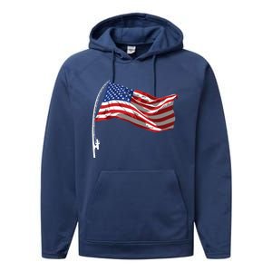 American Flag Fishing Rod 4th Of July Patriotic Fisherman Performance Fleece Hoodie