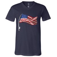 American Flag Fishing Rod 4th Of July Patriotic Fisherman V-Neck T-Shirt