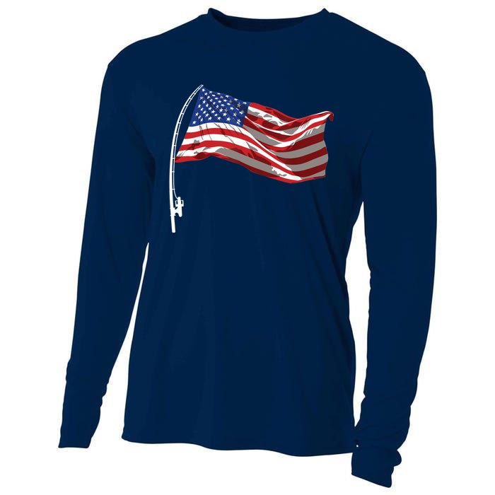 American Flag Fishing Rod 4th Of July Patriotic Fisherman Cooling Performance Long Sleeve Crew