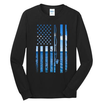 American Flag Fish Fisher Fisherman Funny Bass Fishing Usa Tall Long Sleeve T-Shirt