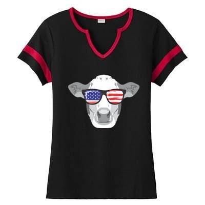 American Flag Fourth Of July Animal Cow Lover Cute Gift Ladies Halftime Notch Neck Tee