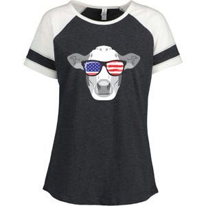 American Flag Fourth Of July Animal Cow Lover Cute Gift Enza Ladies Jersey Colorblock Tee