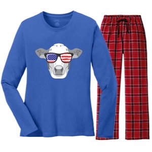 American Flag Fourth Of July Animal Cow Lover Cute Gift Women's Long Sleeve Flannel Pajama Set 