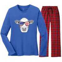 American Flag Fourth Of July Animal Cow Lover Cute Gift Women's Long Sleeve Flannel Pajama Set 