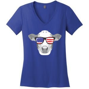 American Flag Fourth Of July Animal Cow Lover Cute Gift Women's V-Neck T-Shirt