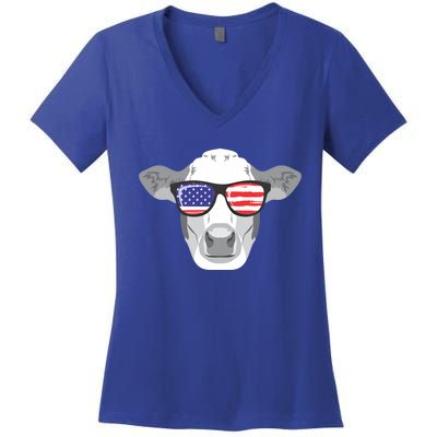 American Flag Fourth Of July Animal Cow Lover Cute Gift Women's V-Neck T-Shirt