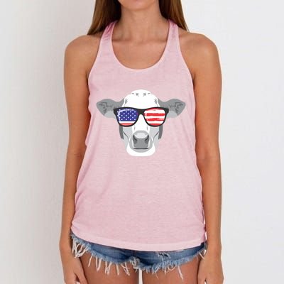 American Flag Fourth Of July Animal Cow Lover Cute Gift Women's Knotted Racerback Tank