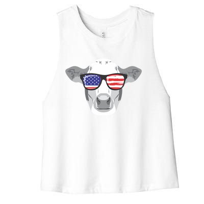 American Flag Fourth Of July Animal Cow Lover Cute Gift Women's Racerback Cropped Tank