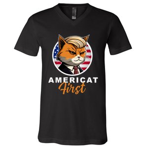 Americat First Funny Patriotic America Cat President V-Neck T-Shirt