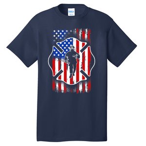 American Flag Firefighter USA United States Badge Tall T-Shirt