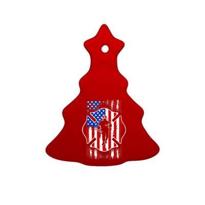 American Flag Firefighter USA United States Badge Ceramic Tree Ornament