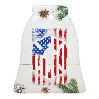 American Flag Firefighter USA United States Badge Ceramic Bell Ornament