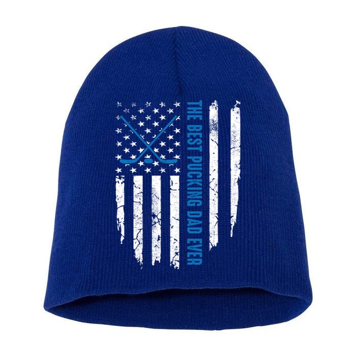 American Flag Funny The Best Pucking Dad Ever Ice Hockey Great Gift Short Acrylic Beanie