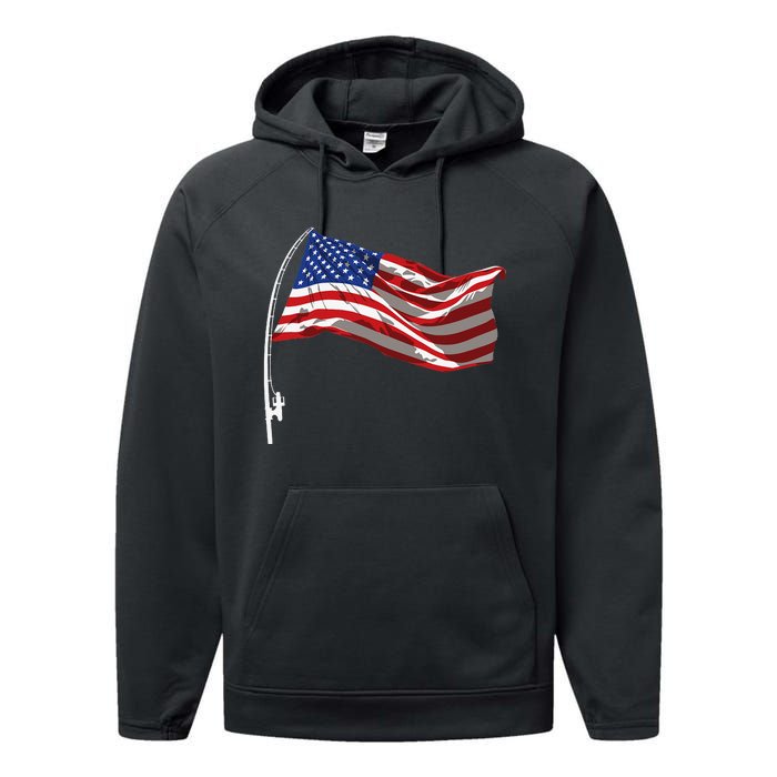 American Flag Fishing Rod 4th Of July Patriotic Fisherman Performance Fleece Hoodie