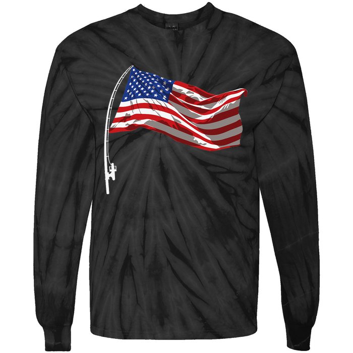 American Flag Fishing Rod 4th Of July Patriotic Fisherman Tie-Dye Long Sleeve Shirt