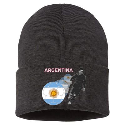 Argentina Flag Football Player World Game Winner Soccer Team Sustainable Knit Beanie