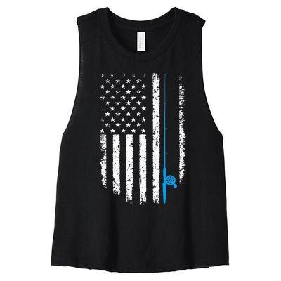 American Flag Fishing Vintage Fisherman Women's Racerback Cropped Tank