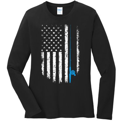 American Flag Fishing Vintage Fisherman Ladies Long Sleeve Shirt