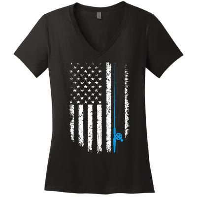 American Flag Fishing Vintage Fisherman Women's V-Neck T-Shirt