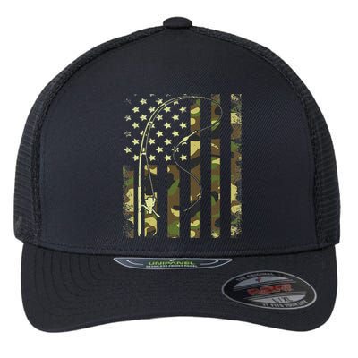 American Flag Fishing Rod Bass Fish Pole Camouflage Flexfit Unipanel Trucker Cap