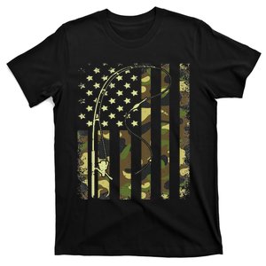 American Flag Fishing Rod Bass Fish Pole Camouflage T-Shirt