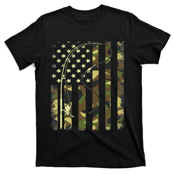 American Flag Fishing Rod Bass Fish Pole Camouflage T-Shirt