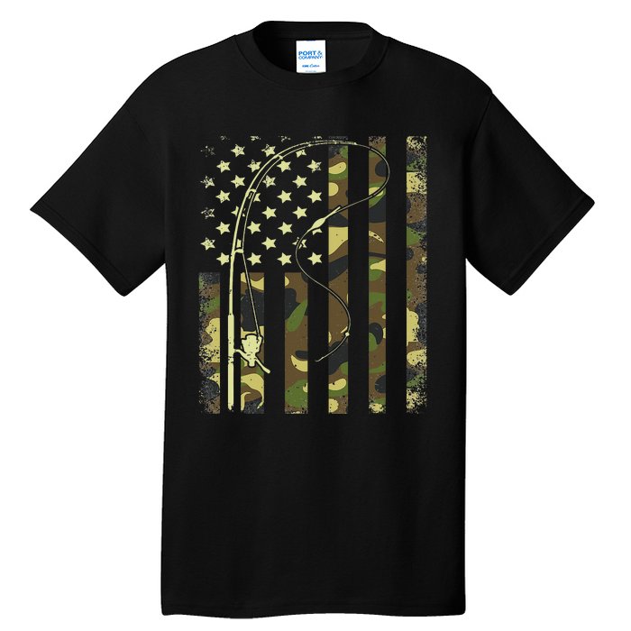 American Flag Fishing Rod Bass Fish Pole Camouflage Tall T-Shirt