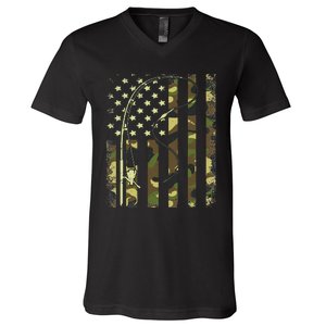 American Flag Fishing Rod Bass Fish Pole Camouflage V-Neck T-Shirt