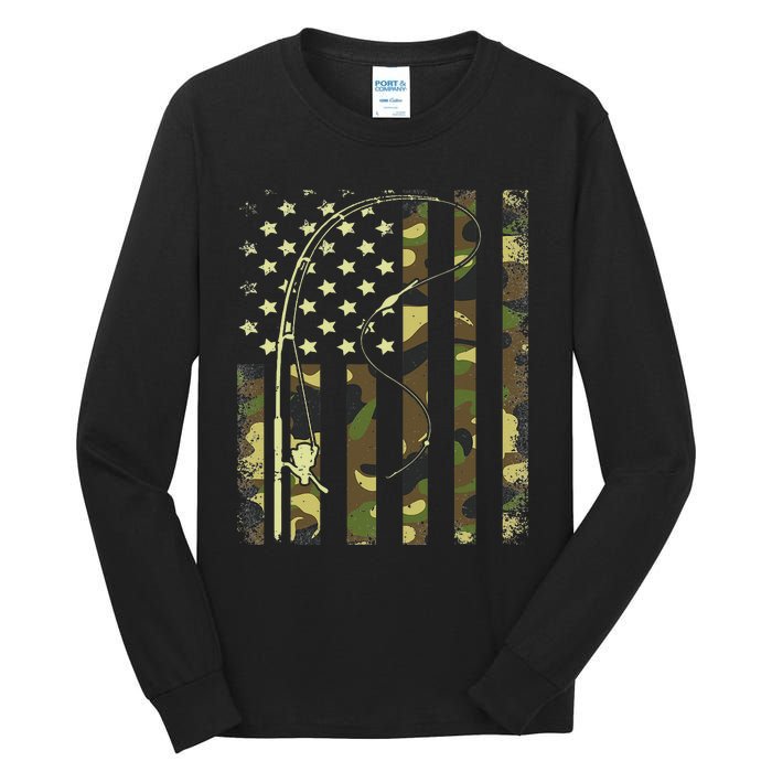 American Flag Fishing Rod Bass Fish Pole Camouflage Tall Long Sleeve T-Shirt