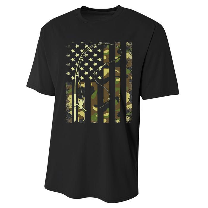 American Flag Fishing Rod Bass Fish Pole Camouflage Performance Sprint T-Shirt