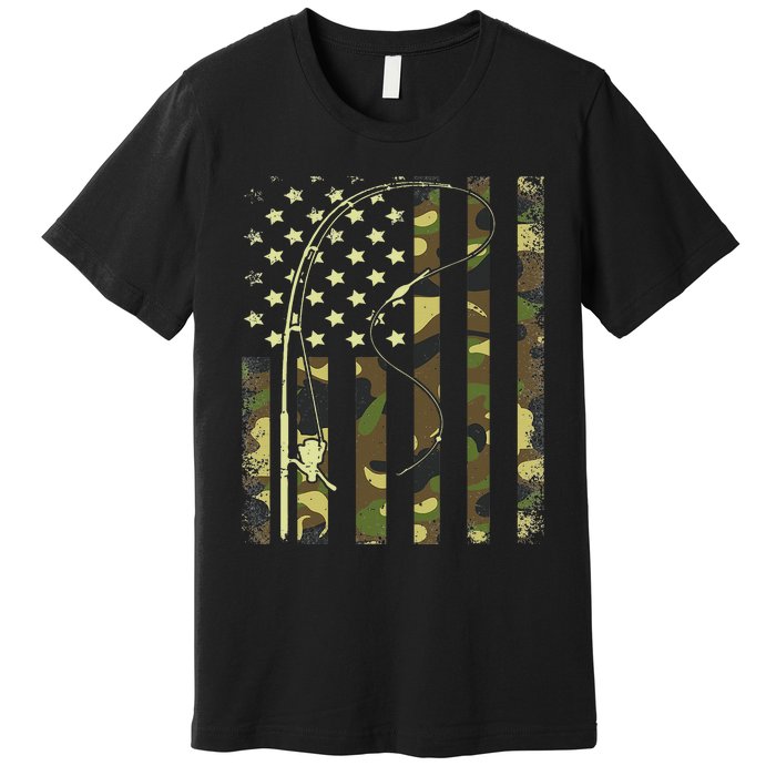 American Flag Fishing Rod Bass Fish Pole Camouflage Premium T-Shirt