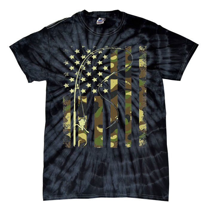 American Flag Fishing Rod Bass Fish Pole Camouflage Tie-Dye T-Shirt