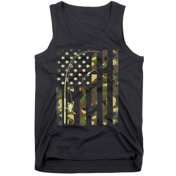 American Flag Fishing Rod Bass Fish Pole Camouflage Tank Top