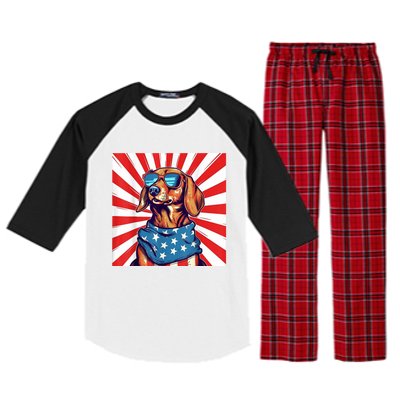 America Flag Funny Dachsund Weiner Dog Weenie Usa Gift Raglan Sleeve Pajama Set